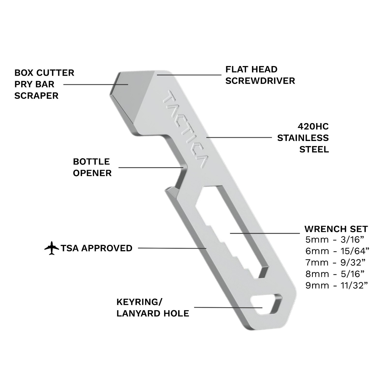 Tactica M.005 Micro Tool 6-in-1 Stainless Steel EDC Pry Bar Keychain Multitool