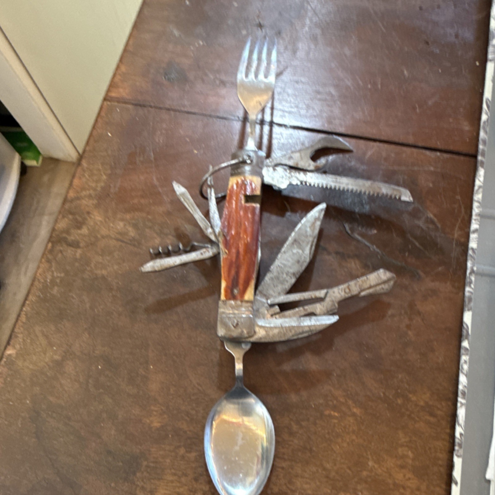 Vintage Camping Multi-Tool Utensil Set Steel Wood Knife Fork Spoon Scissors