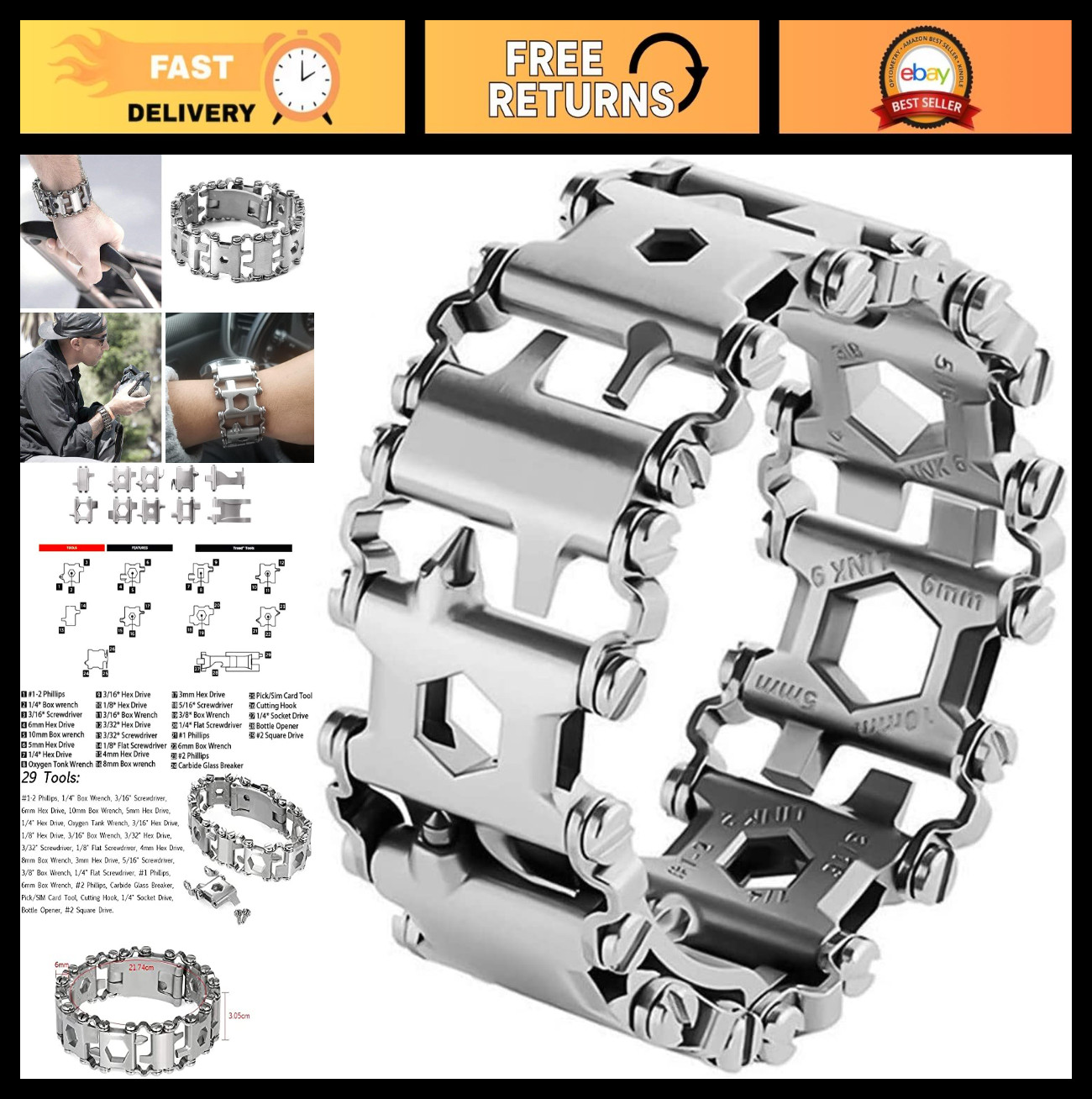 29-in-1 Multitool Bracelet, Stainless Steel, Outdoor Travel Watch Strap, Pry Too