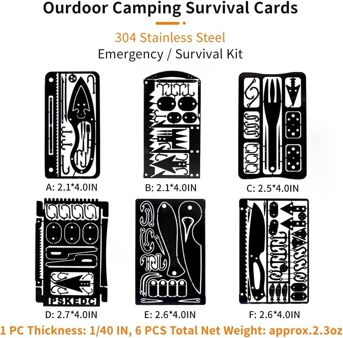 6pc Black Multitool Card EDC Survival Wallet Kit Camping Hunting Fishing Tool