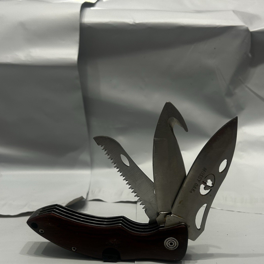 Mossy Oak Folding Multi-Tool Knife 2.5in SS Blade Wood Handle Saw Hook