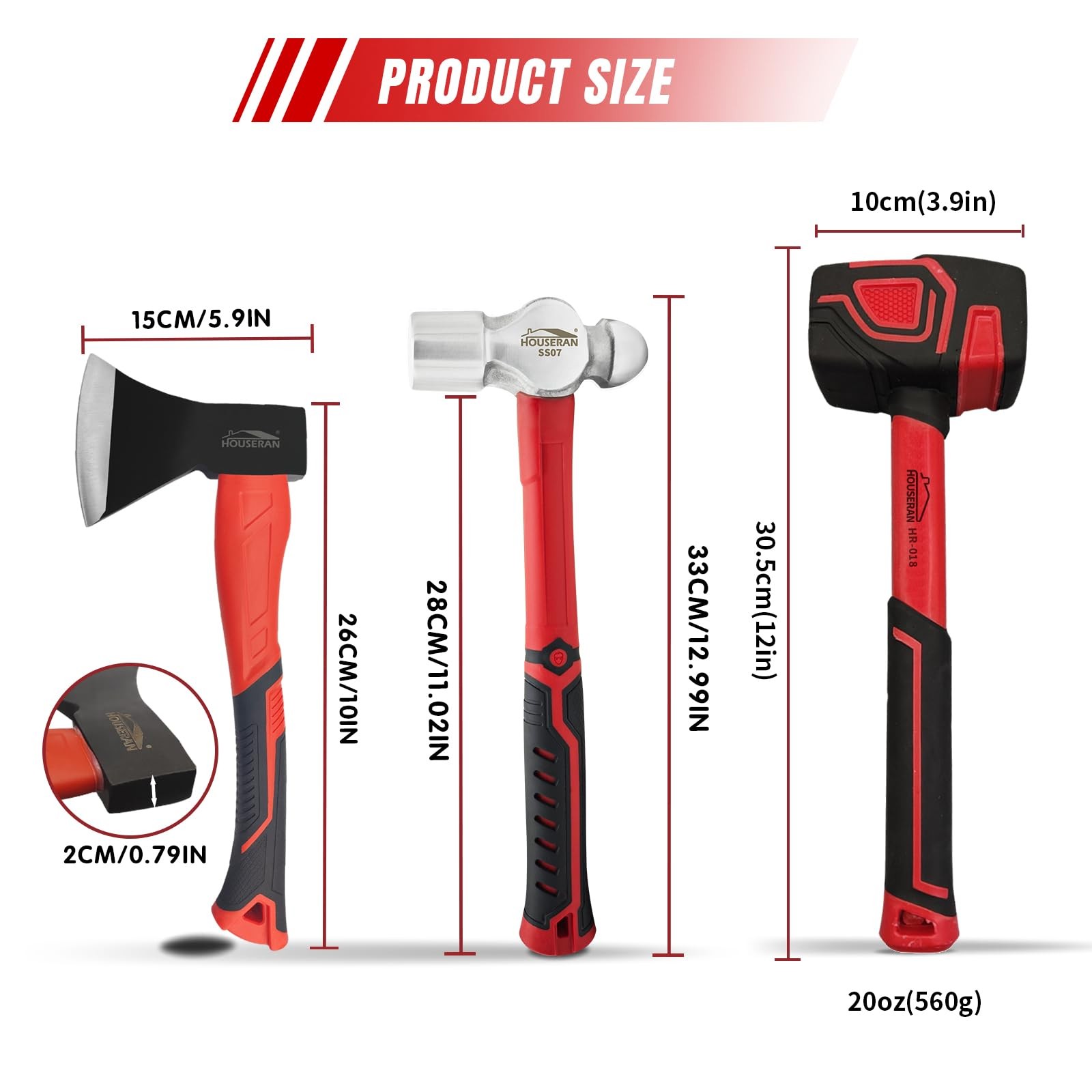 3 PCS Hammer Set 14 Inch Axe Ball Peen 1.1kg 20oz Rubber Mallet Woodworking