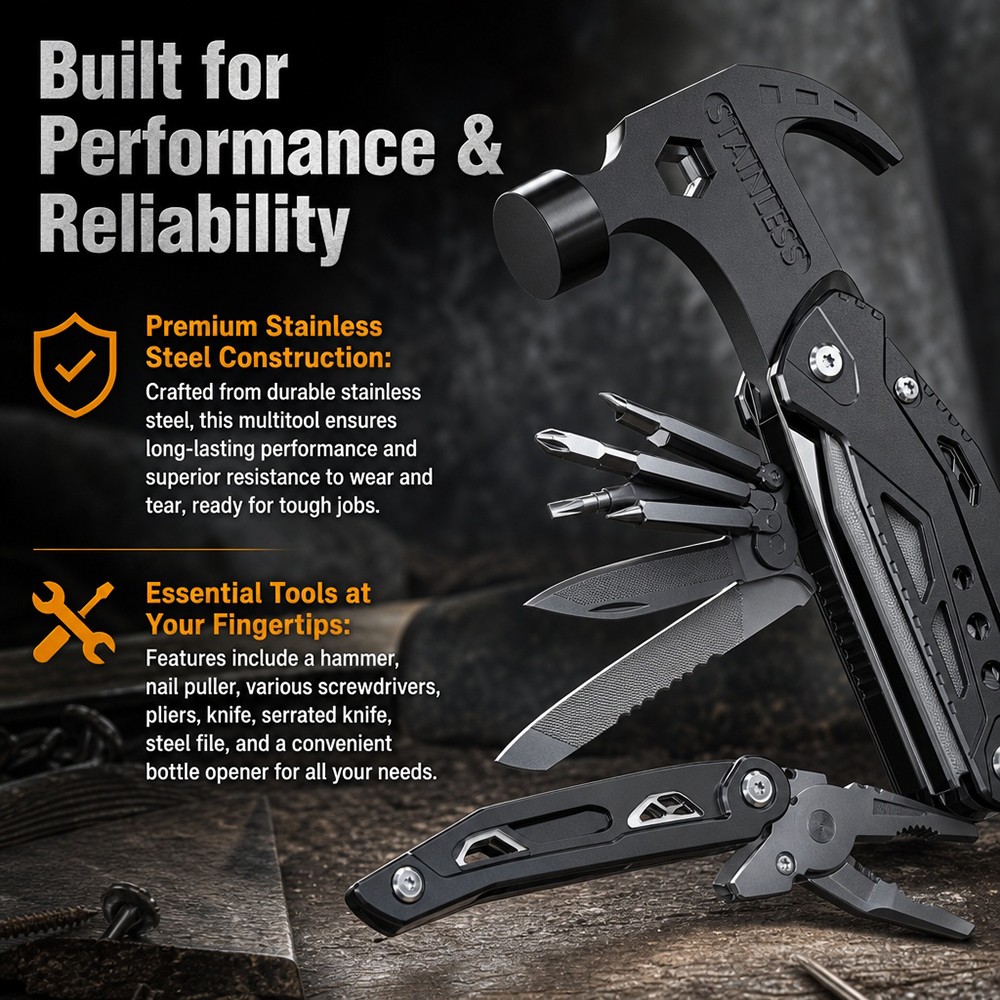 Heavy Duty 14-in-1 Multitool for Hiking, Fishing, DIY Projects – Stainless Steel