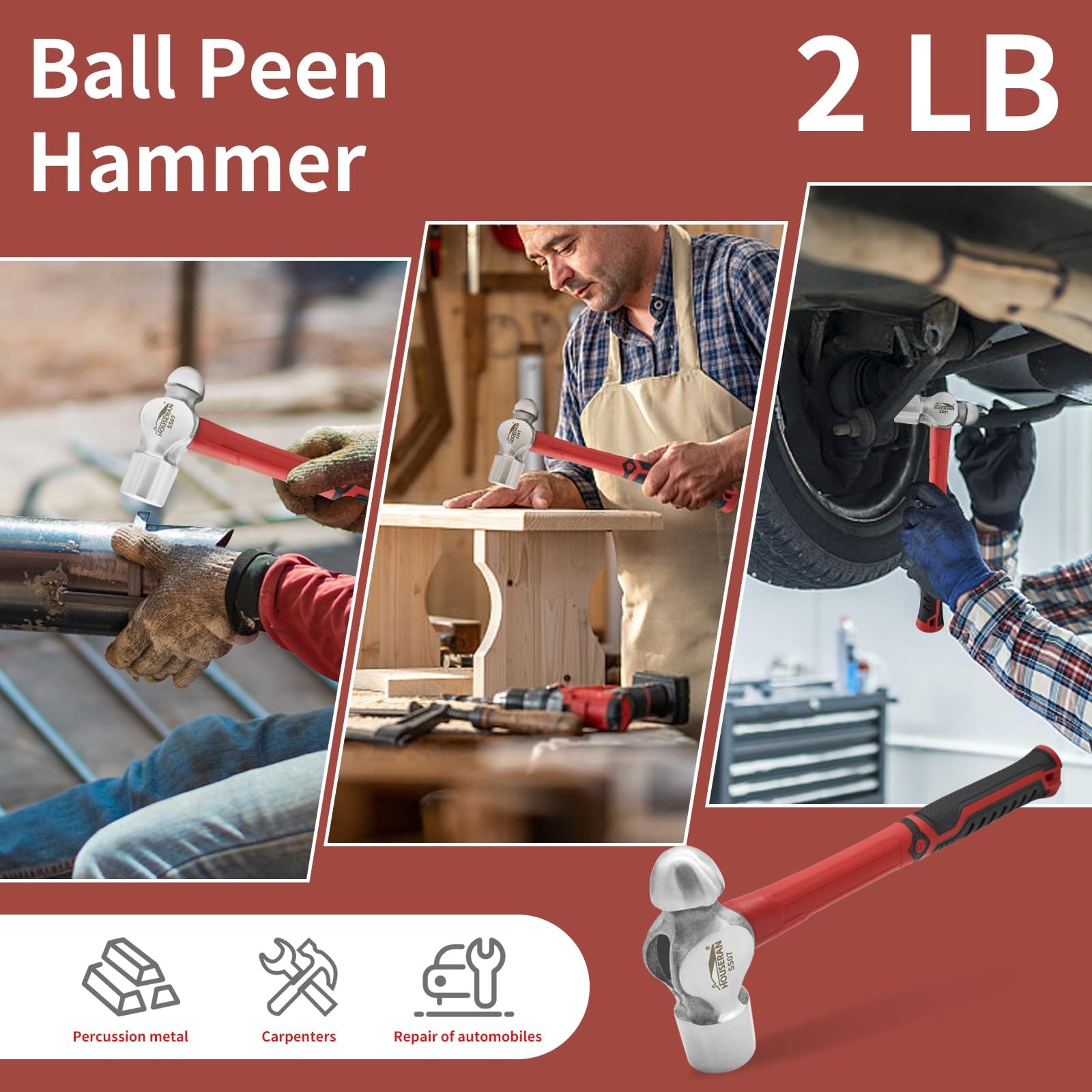 3 PCS Hammer Set 14 Inch Axe Ball Peen 1.1kg 20oz Rubber Mallet Woodworking