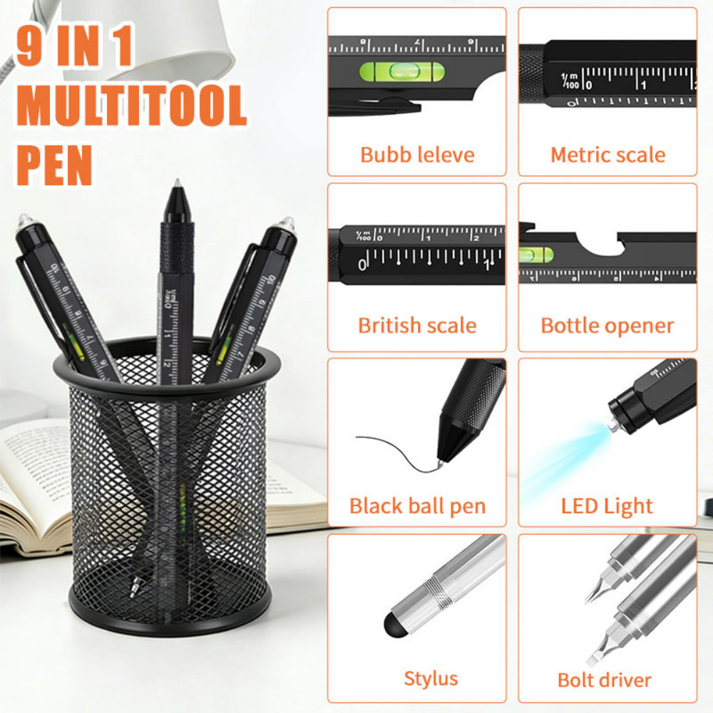 9 in 1 Multifunction Ballpoint Pen with Modern Handheld Tool Measure Technical