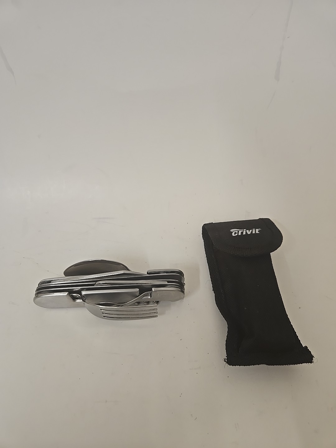 RARE VINTAGE CRIVIT CB-7429 FOLDING TRAVELING CAMPING EATING MULTI-TOOL SILVER