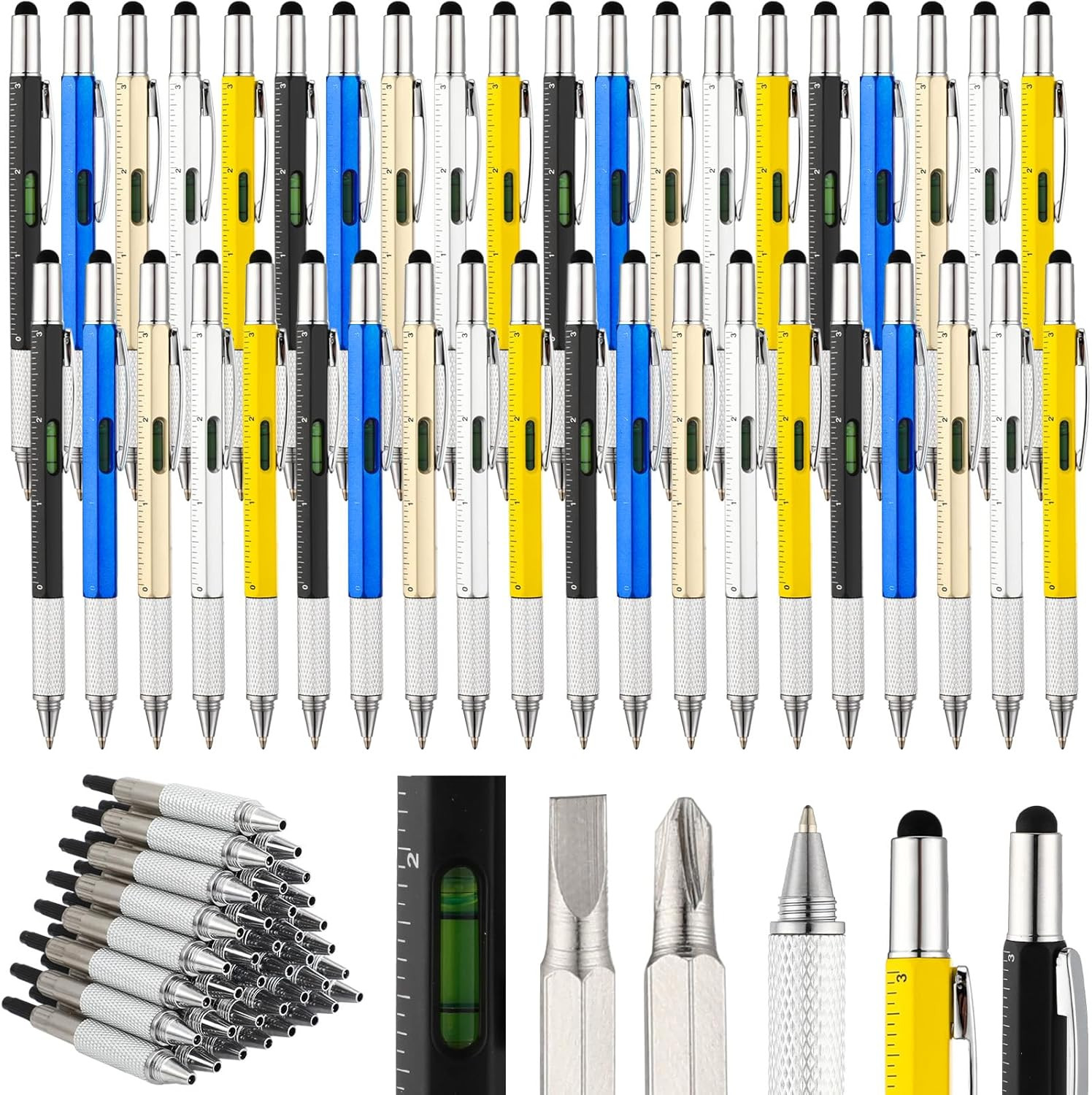 80 Pcs Gifts for Men:6 in 1 Multi Tool Pens with Refills Ruler Level Gauge Bulk