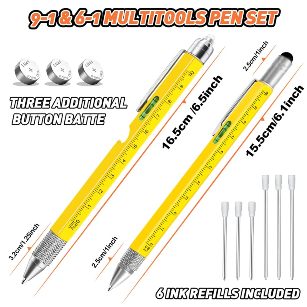 KEZKALS, 9 in 1 Multi-Tool Pen Set Screwdriver, Ruler, LED Light, Level – Yellow