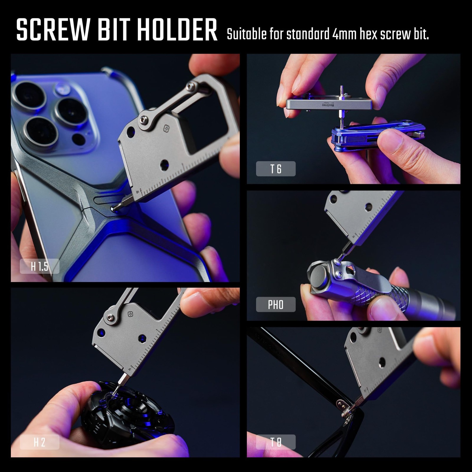 4-in-1 Titanium Multitool Pocket Screwdriver with Carabiner & Ruler – EDC Keycha