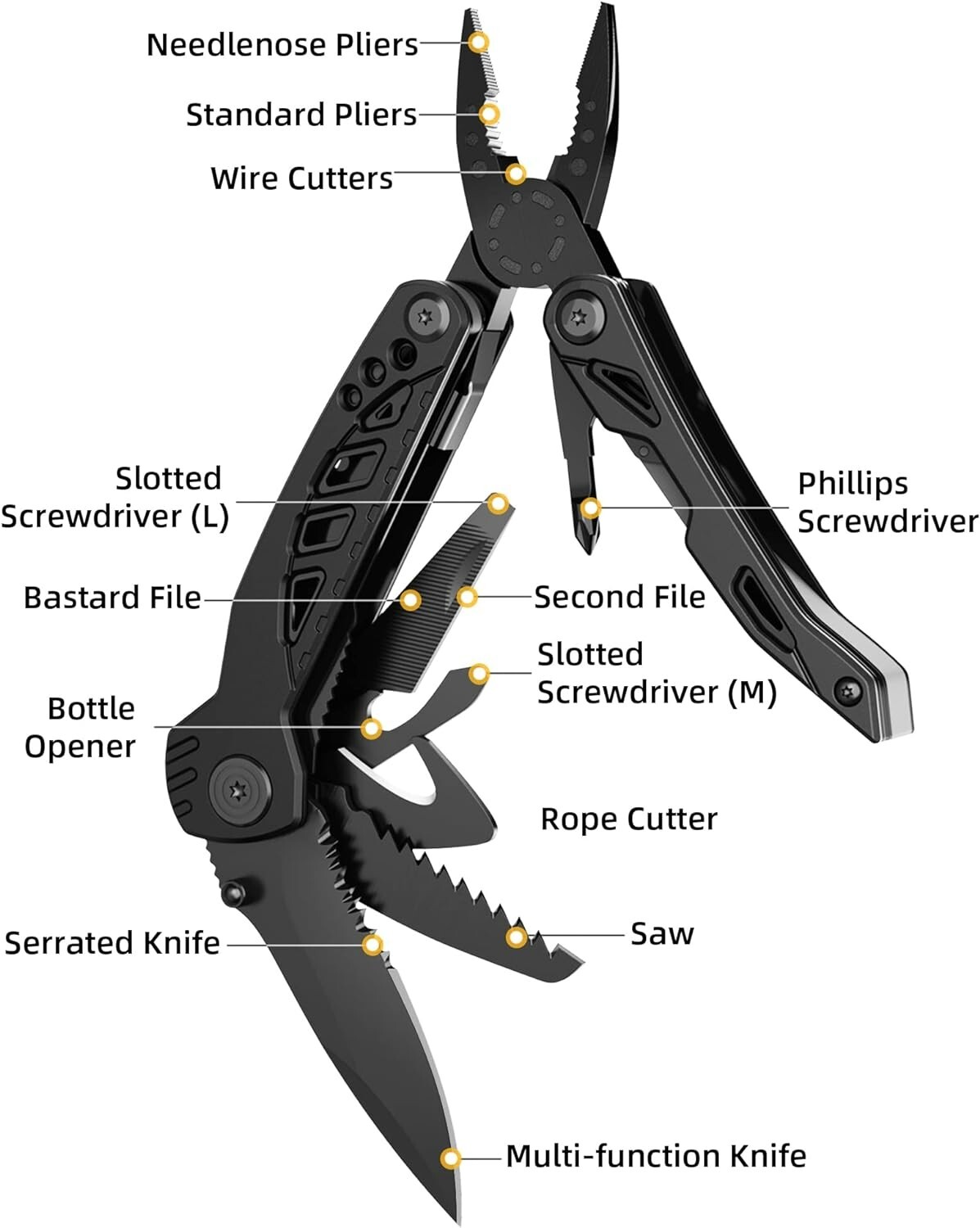 Multitool Knife, 13 in 1 Pocket Multitool, Multi Tool with 3″ LargeBlade,Safety