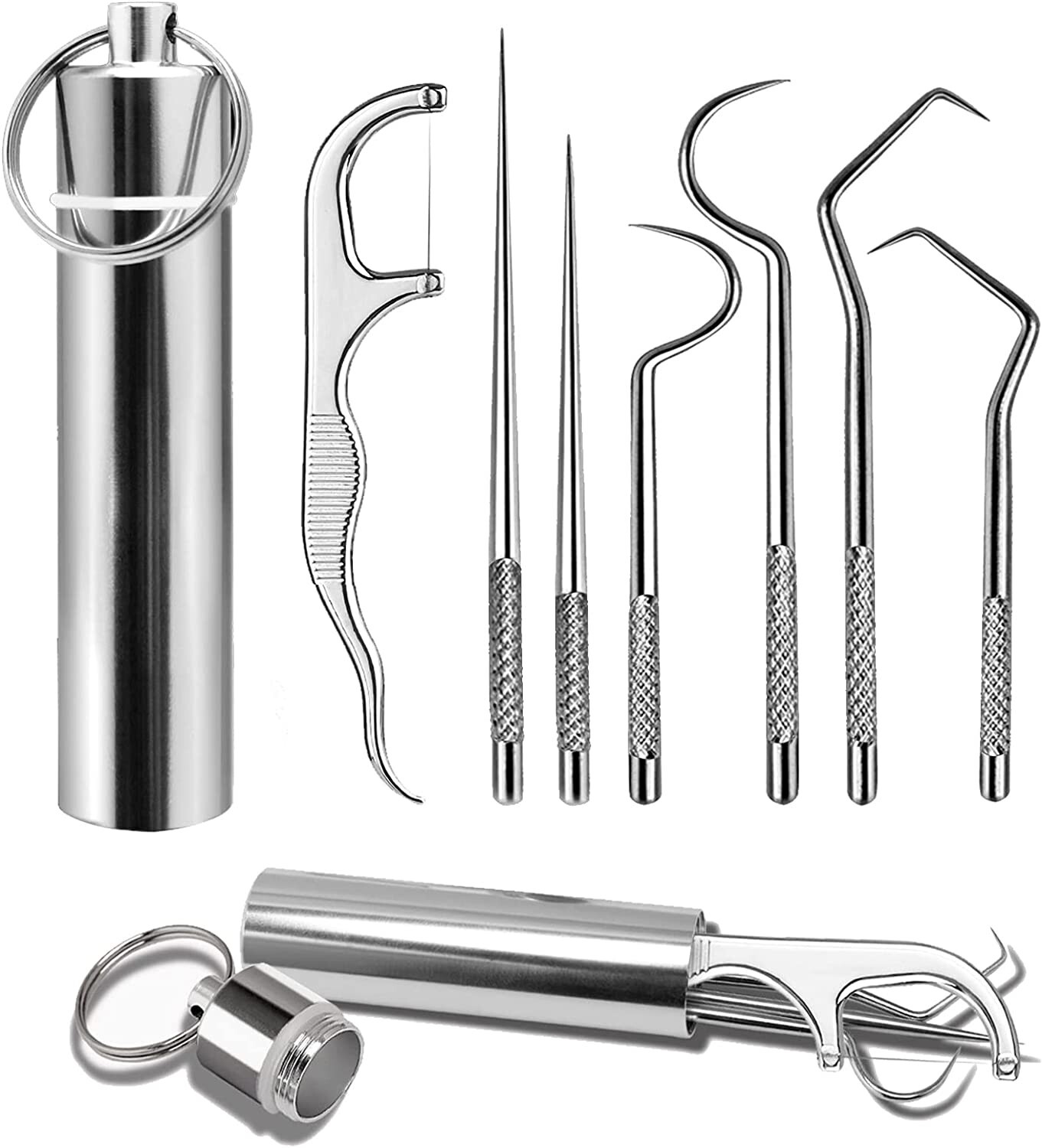 7Pcs Portable Stainless Steel Toothpicks Set,Reusable Metal Toothpick Kit W/ Box