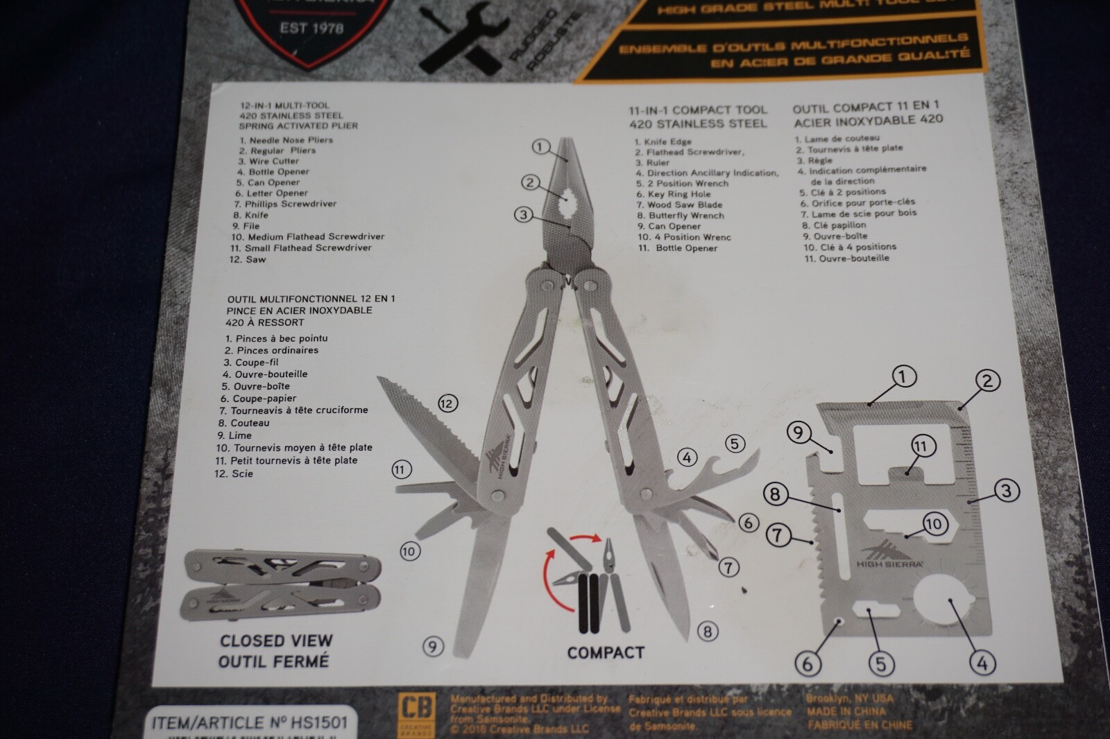 HIGH SIERRA 12-IN-1 MULTI-PLIERS TOOL + 11-IN-1 COMPACT TOOL STAINLESS STEEL