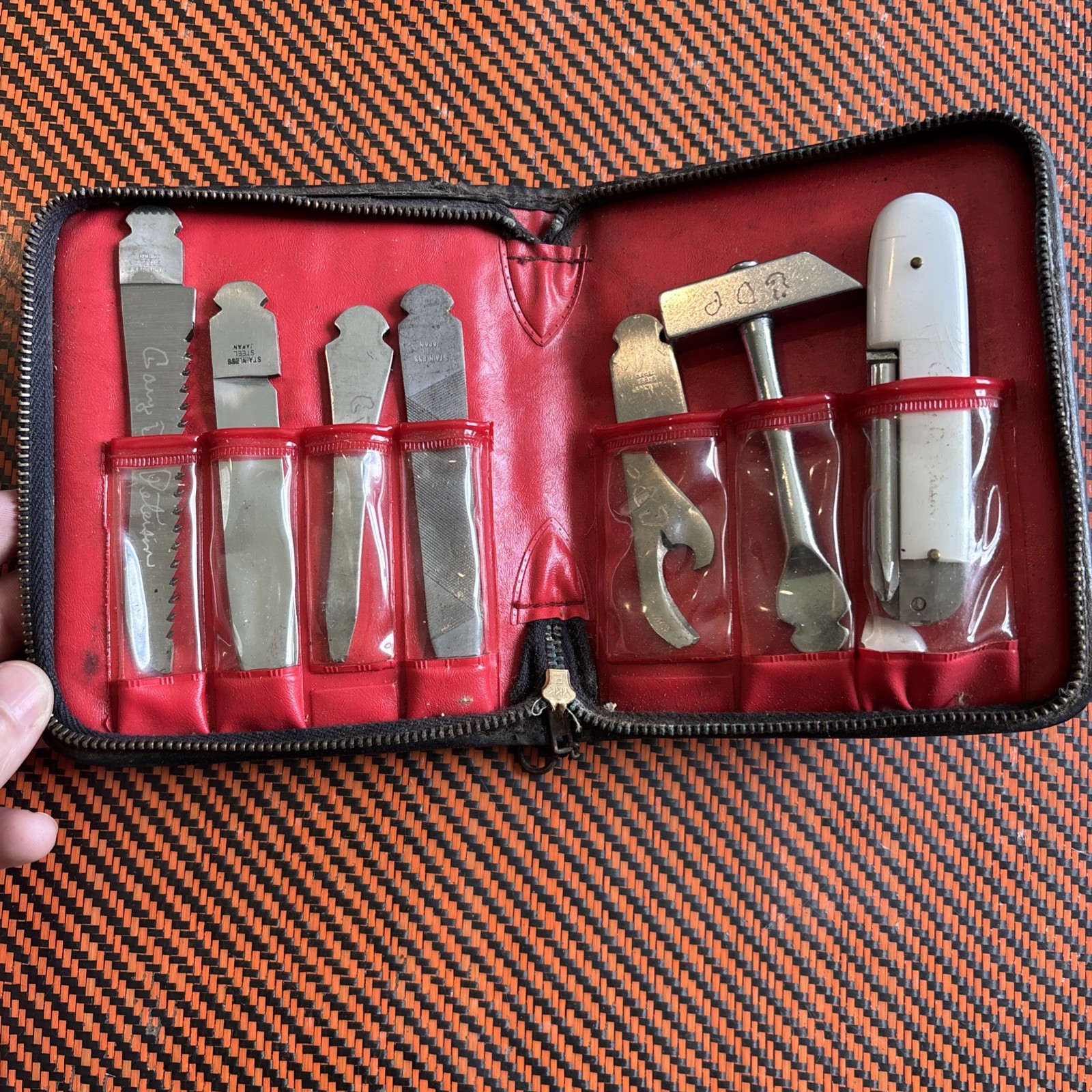 Vintage Multi Tool Set In Case Made In Japan, Hammer,Bottle Opener,File,Blade