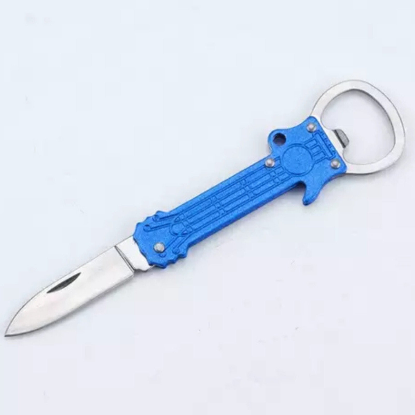 GUITAR SHAPE METAL KEY CHAIN & BOTTLE OPENER KNIFE PEELER SURVIVAL FOLDING BLADE