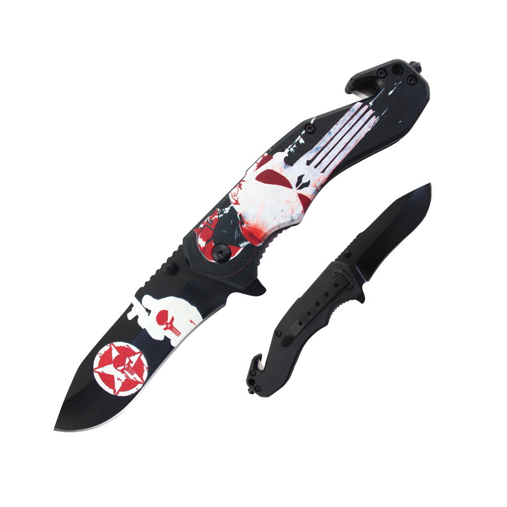 8.5″ Spring Assisted Pocket Knife Tactical Folding Knives Skull /USA Flag Tactic