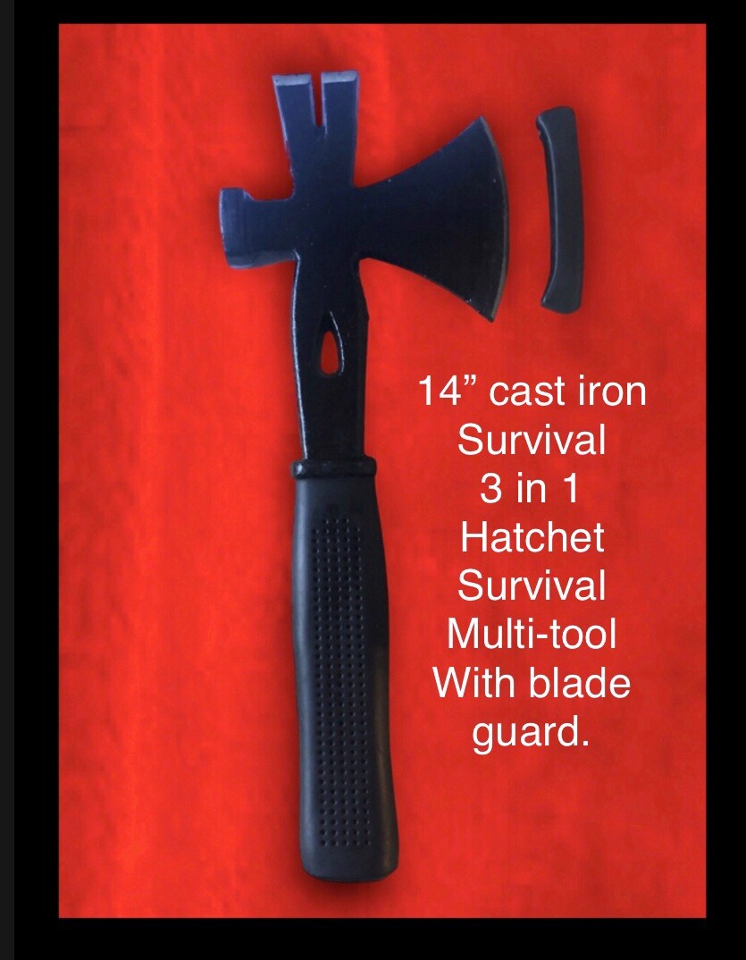 14” Hatchet Crowbar Hammer Axe Survival Multi-Tool.(Solid Cast Iron+Rubber Grip)