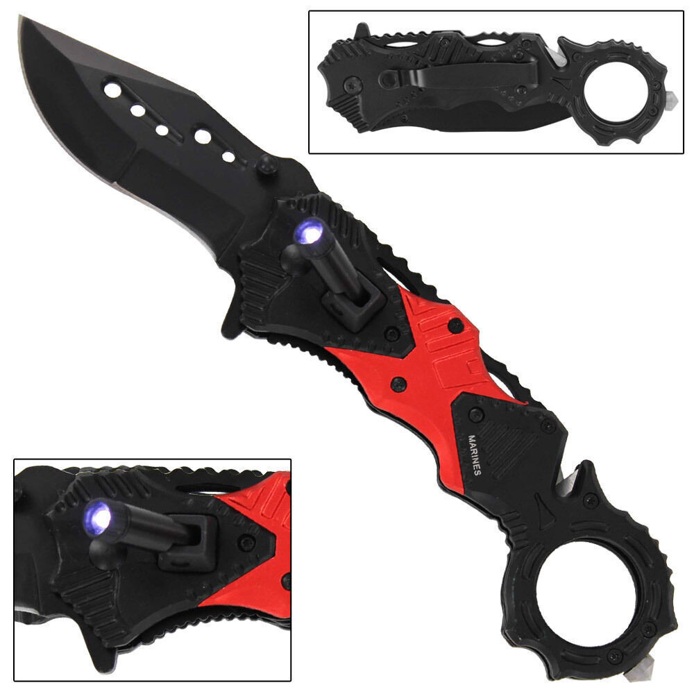 Tactical Survival Emergency Folding Pocket Knife with Flashlight & Glass Breaker