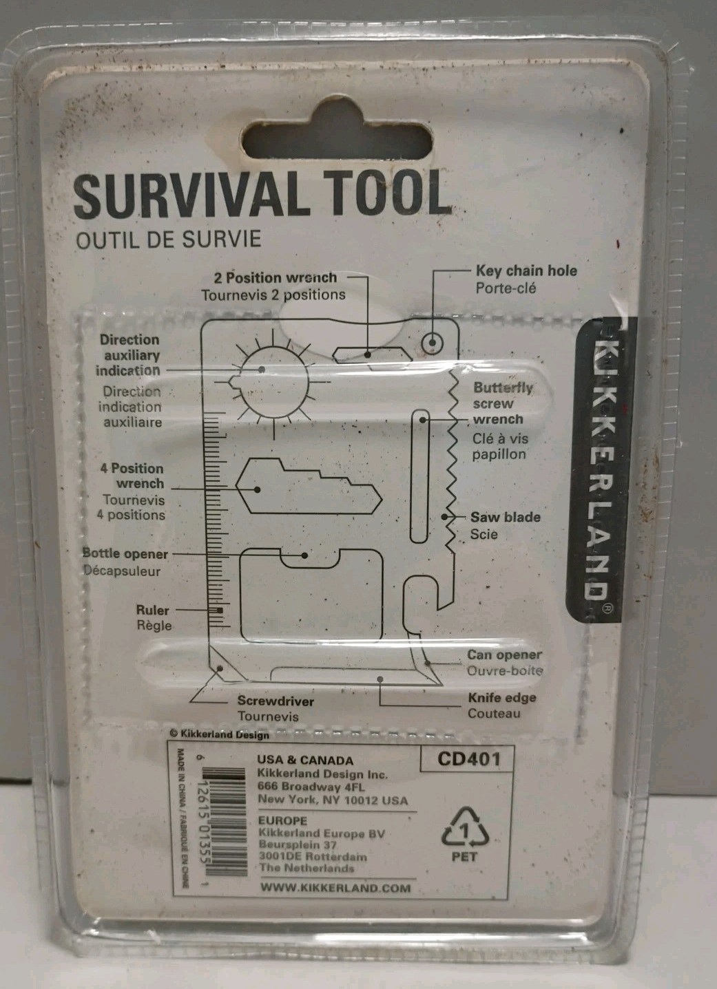 Kikkerland Classic Stainless Steel Survival Tool Pocket 11 functions W/Pouch