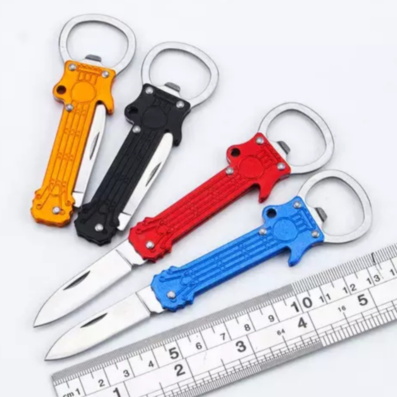 GUITAR SHAPE METAL KEY CHAIN & BOTTLE OPENER KNIFE PEELER SURVIVAL FOLDING BLADE