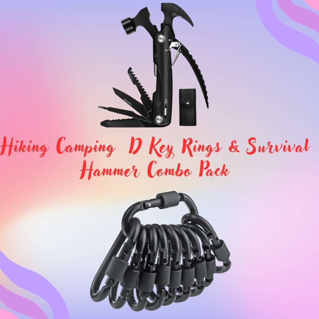 Aluminum D Key Rings Hiking Clips & All In One Multitool Hammer Pack(Bulk3Sets)