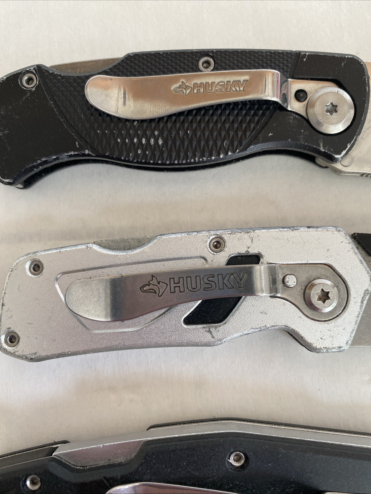 Lot Of 3 Husky Black Folding Lockback Pocket Utility Knife Set, Box Cutter Tool