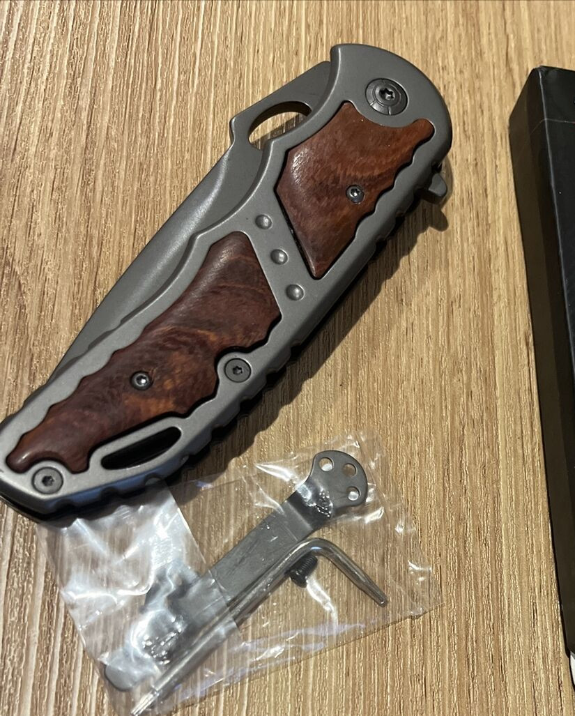 Pocket Spring Assisted Tactical Survival Folding Knife Gray Metal & Wood Handle