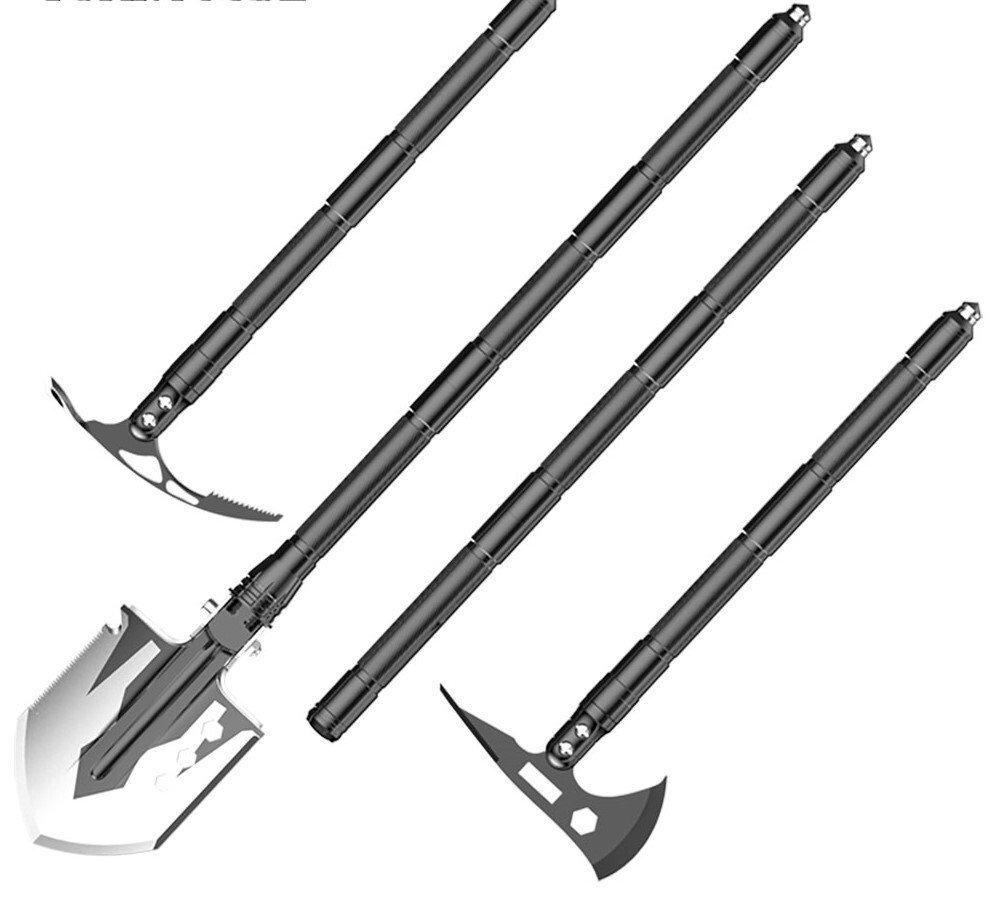 Multifunction Tool with Shovel, Axe, Pick, Hoe, and other tools in a hard case