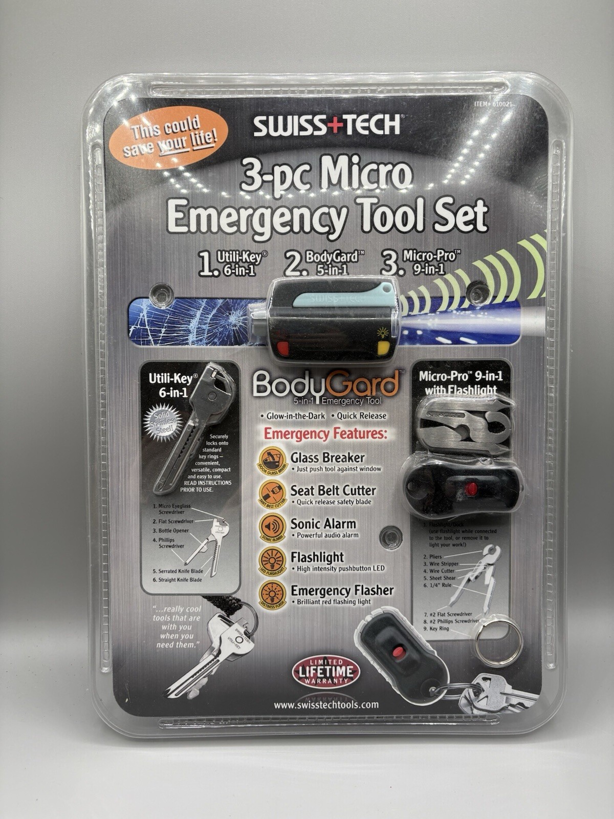 Swiss Tech 3 Piece Micro Tool Set Glass Breaker Seatbelt Cutter Alarm Light