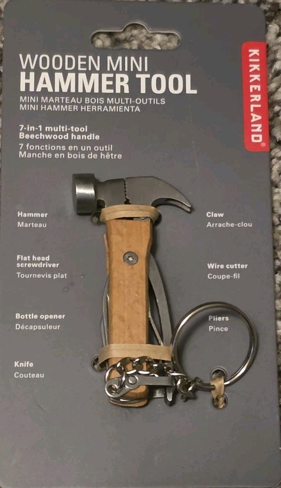Kikkerland Wood Mini Hammer Tool 7-in-1 Multi-Tool Keychain Beechwood Handle
