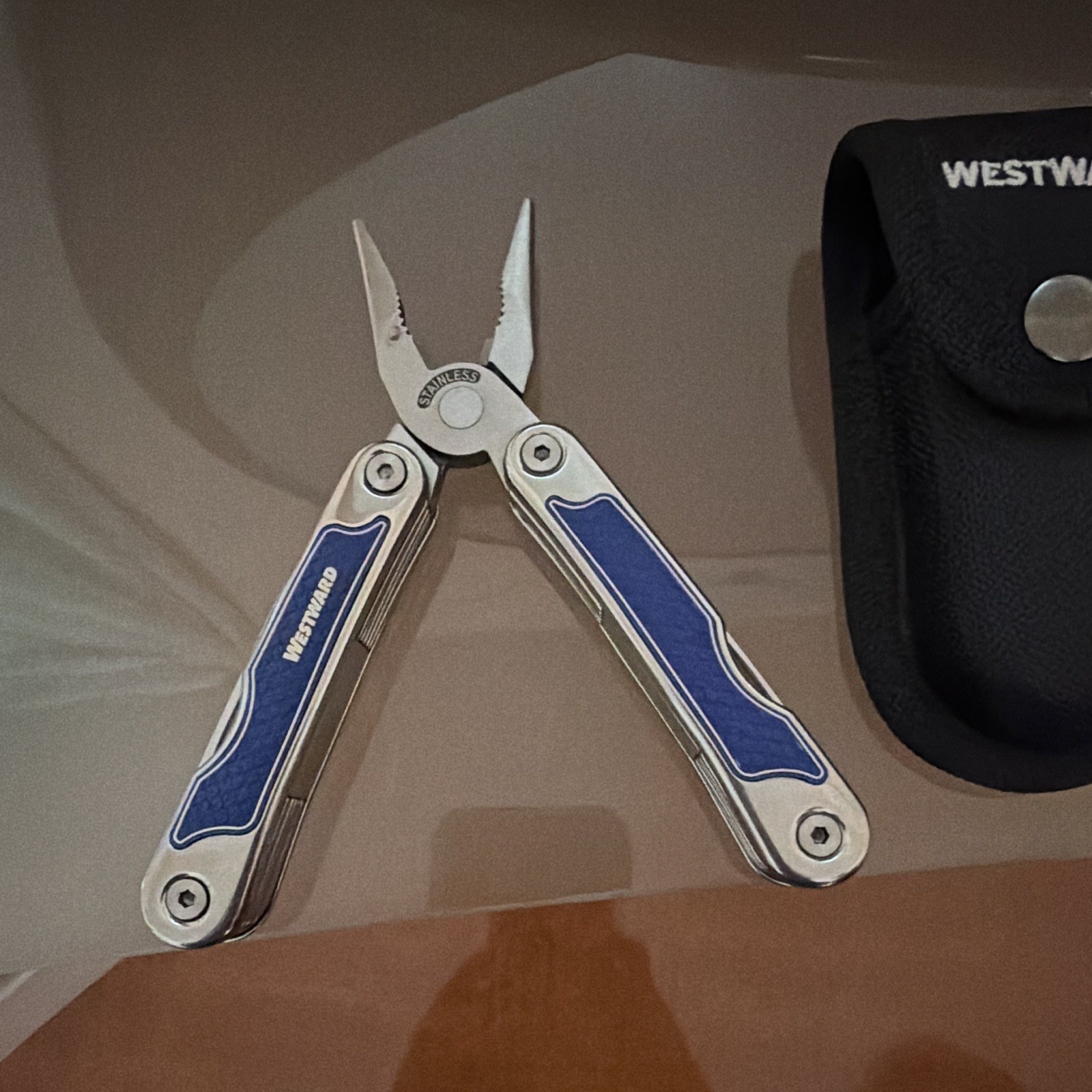 Westward Stainless Steel Folding Multi-Tool Pliers, Part Serrated, Sheath