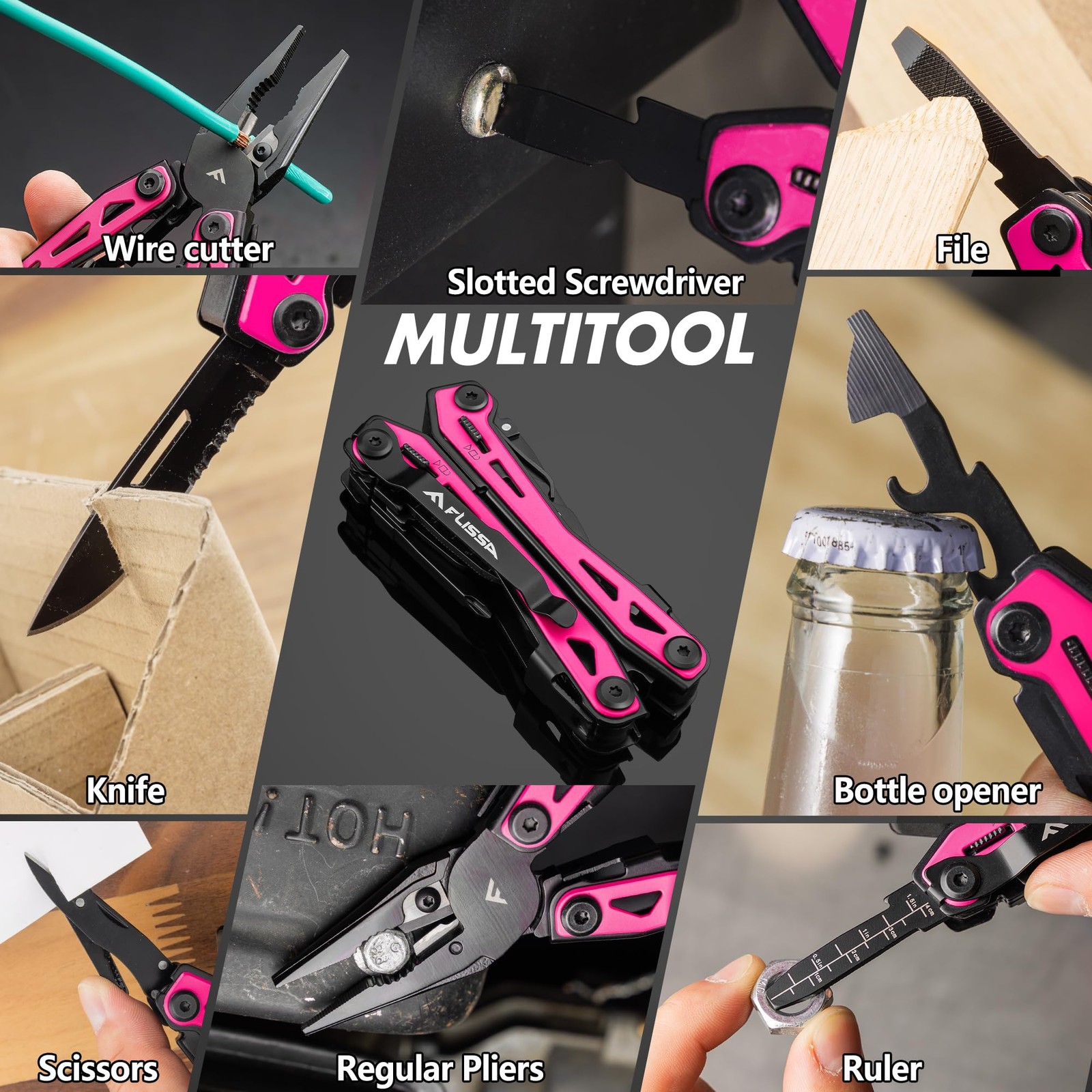 FLISSA 16in1 Pink Multi Tool Pliers, Gifts for Men Women, Stainless Steel EDC…