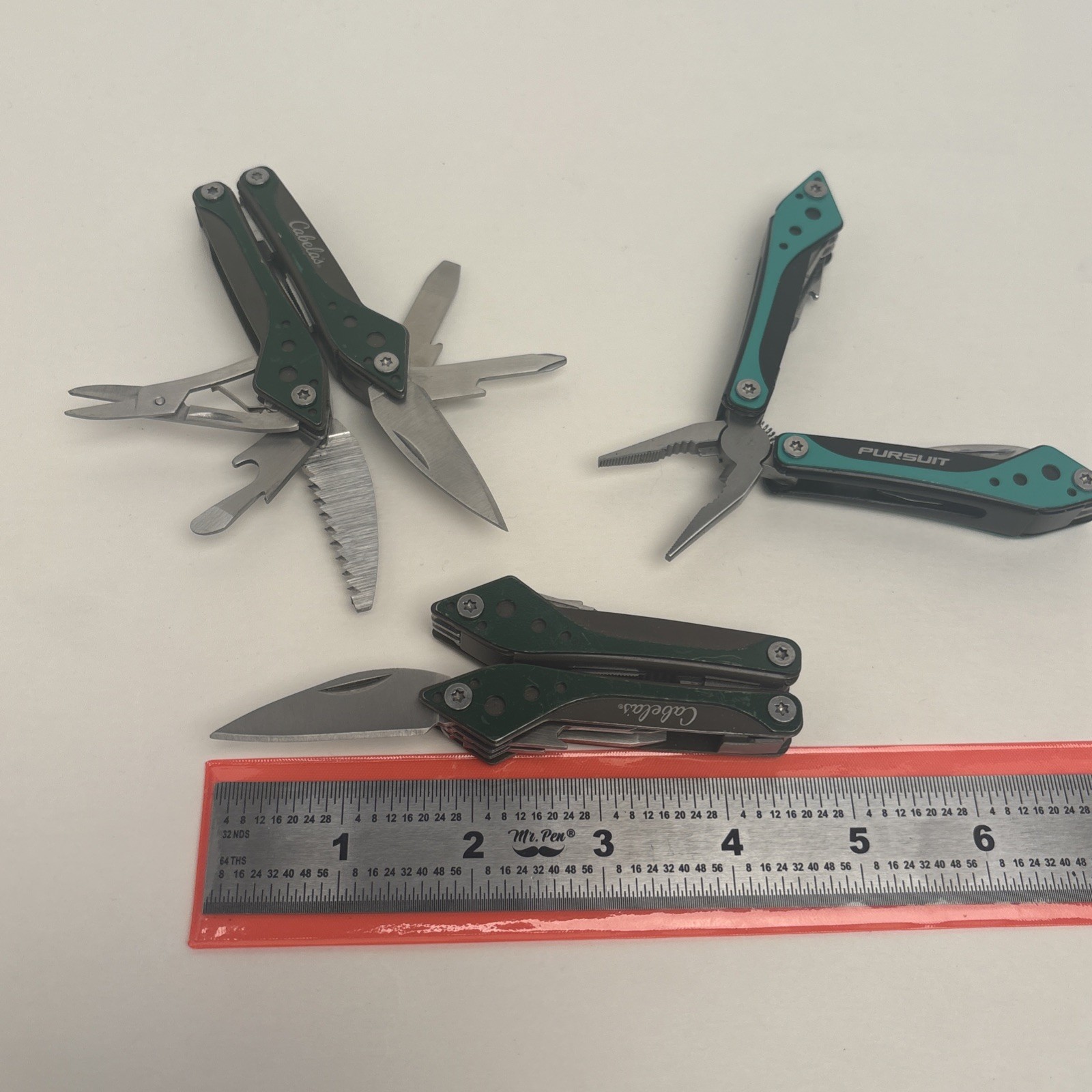 LOT of 3 Cabela/Pursuit Green 7-in-1 Small Multi-Tool Camp Hike Fish Hunt