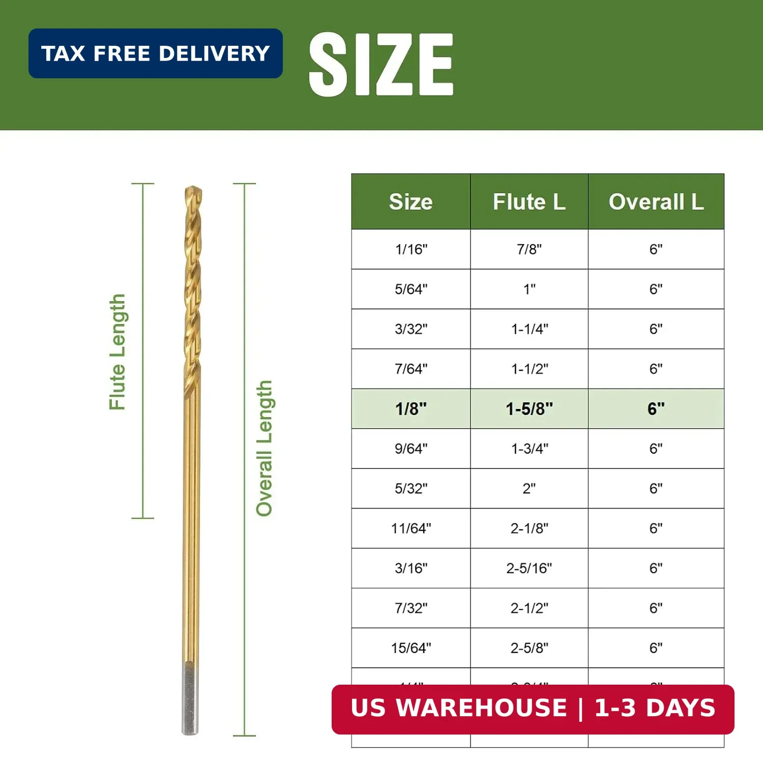1/8″ x 6″ Extra Long Drill Bit 6 Pack Titanium Aircraft HSS Wood Metal