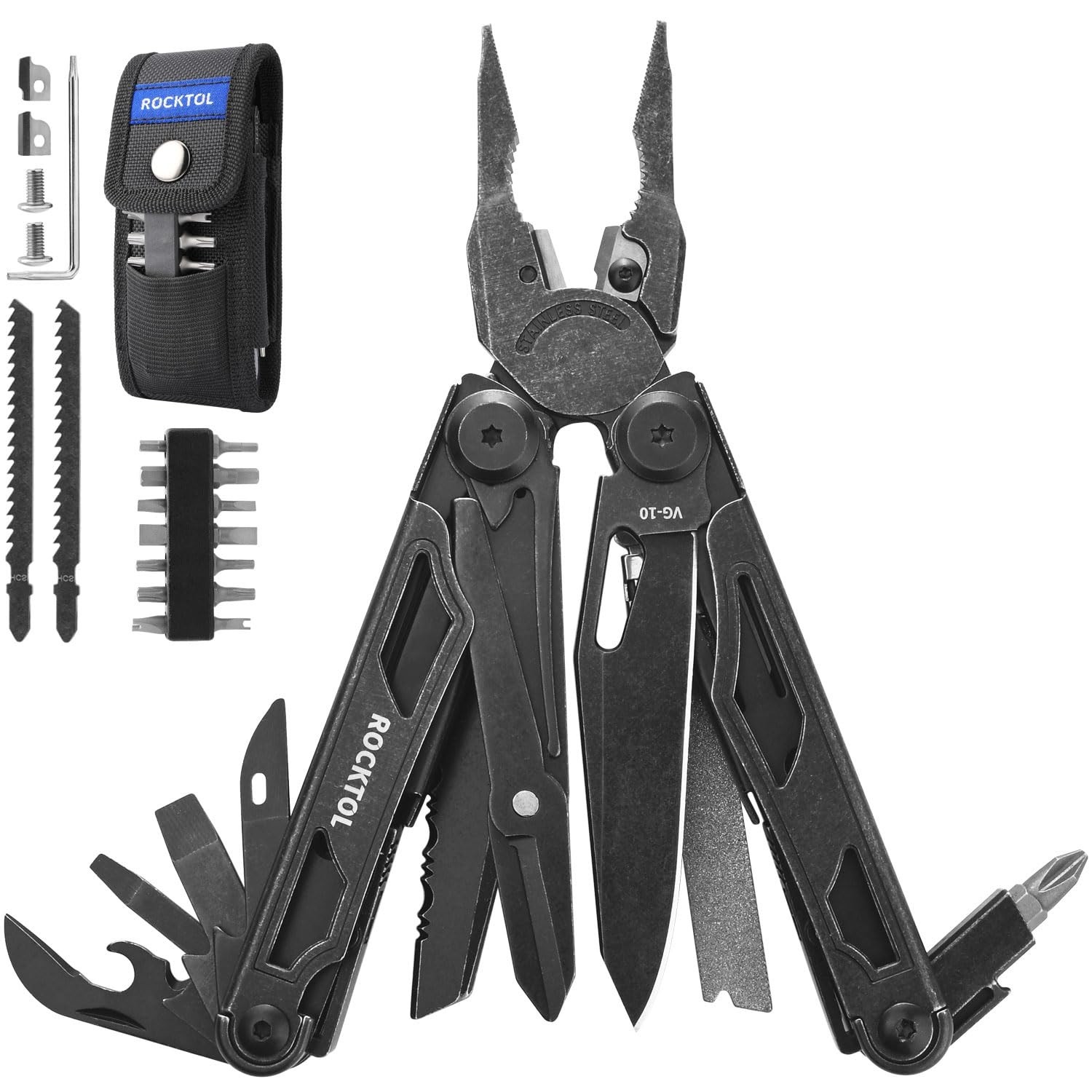29-in-1 Heavy-Duty Multitool Pliers with VG-10 Blade, Replaceable Wire Cutters &