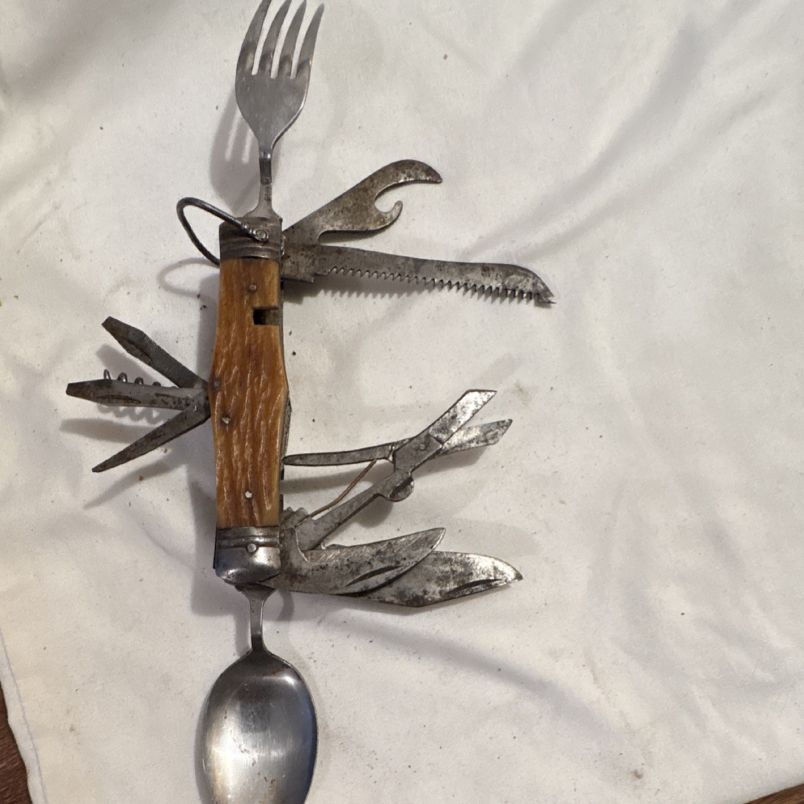 Camping Multi-Tool Knife Fork Spoon Saw Scissors Stainless Steel Wood 9 Tools