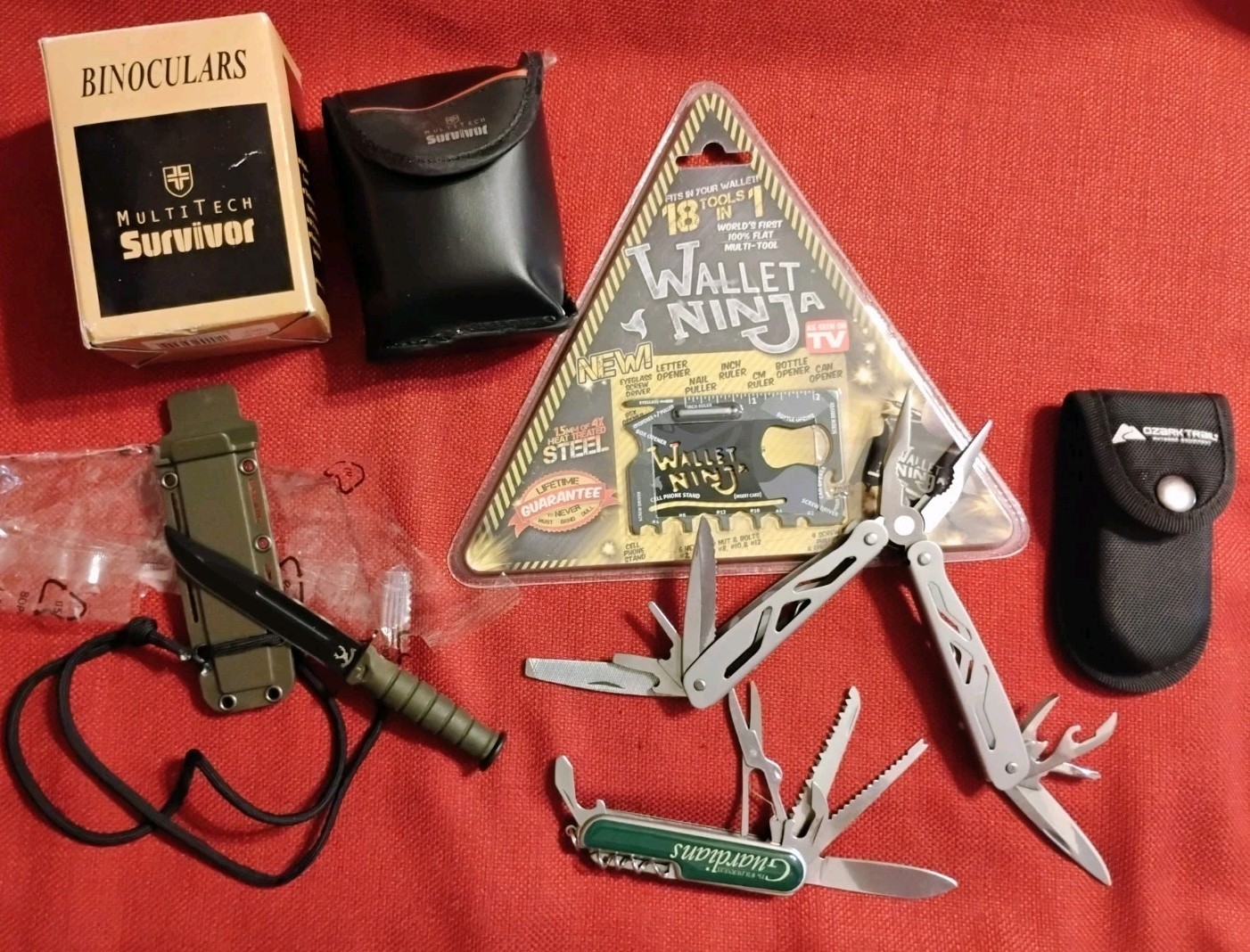 5pc camping EDC lot: wallet Ninja 8×22 binoculars small neck knife & multitools