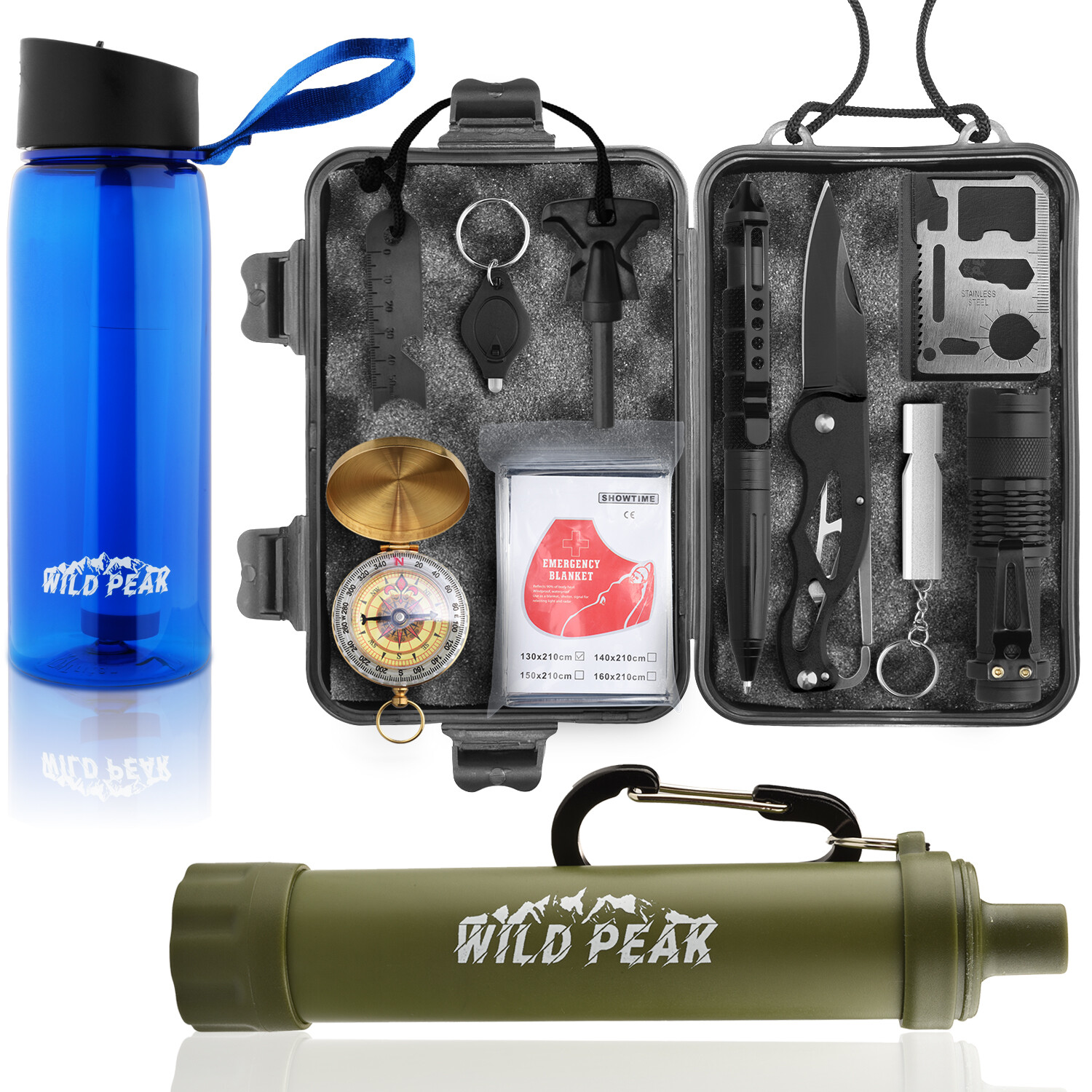 Wild Peak Prepare-1 Survival Kit with Water Bottle & Filter Straw for Camping