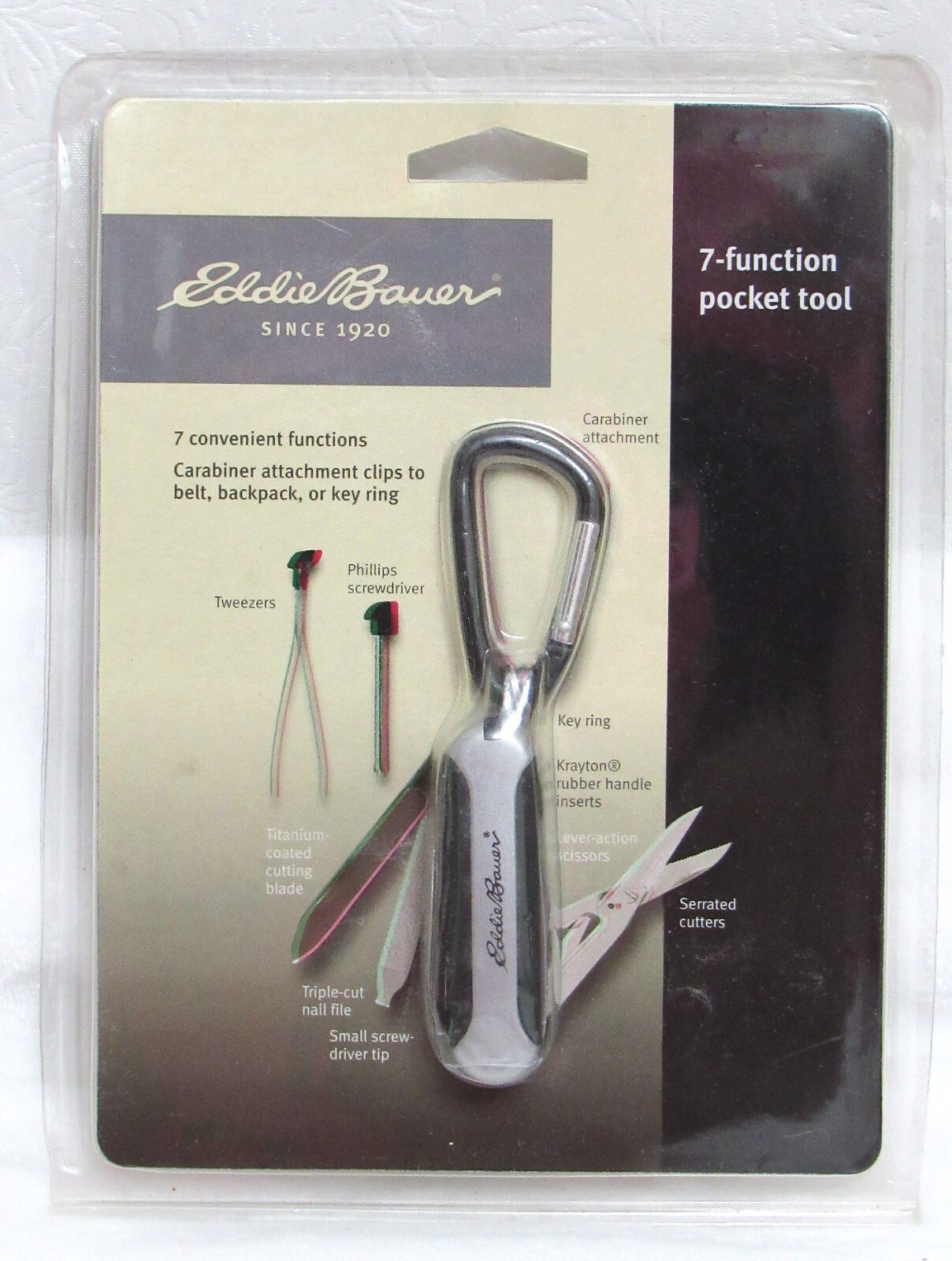 Eddie Bauer 7-Function Pocket Tool Knife, Screwdrivers, Scissors, Carabiner New