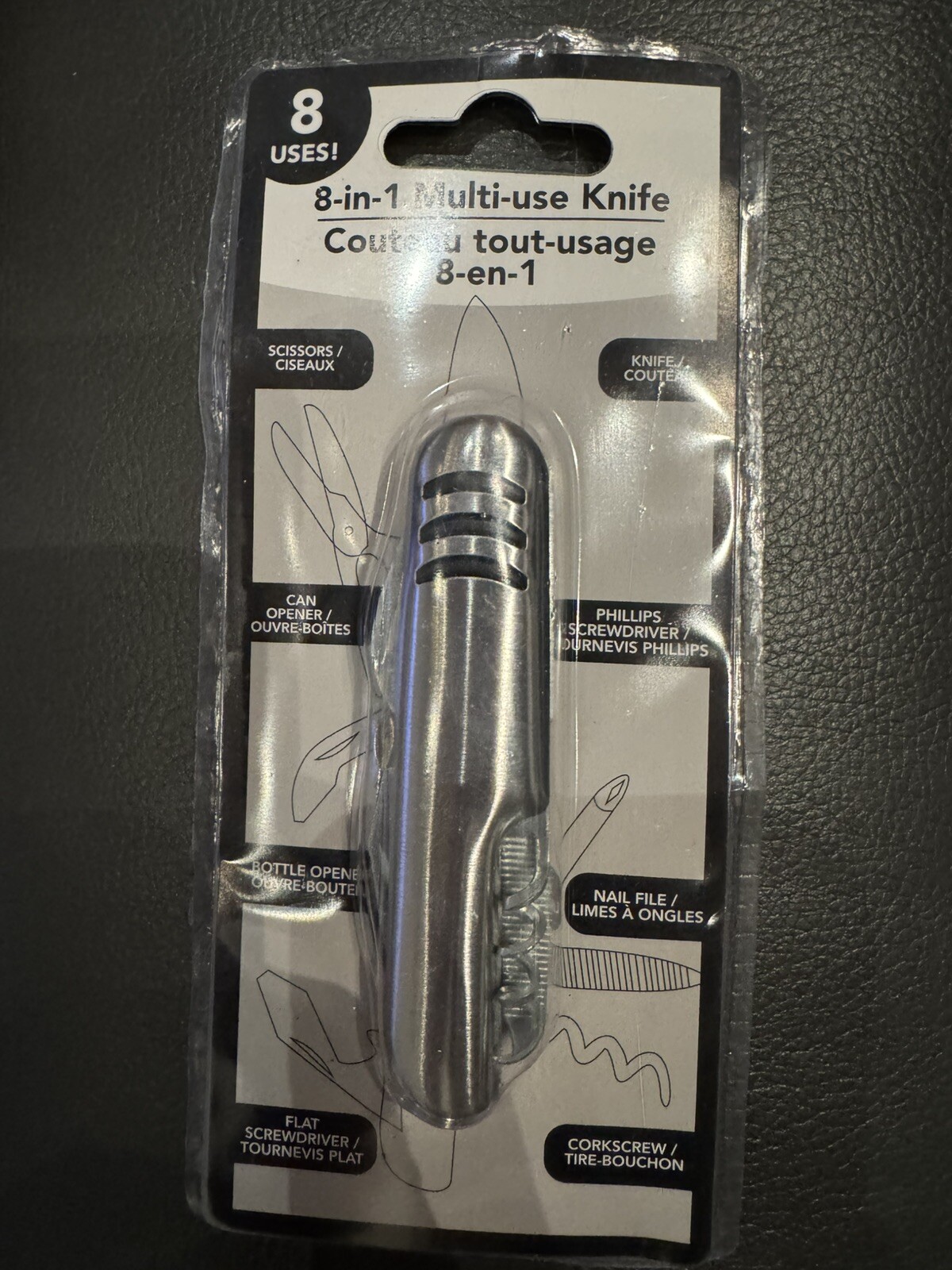 New in Box 8-in-1 Multiuse Pocket Knife – Silver/Grey!
