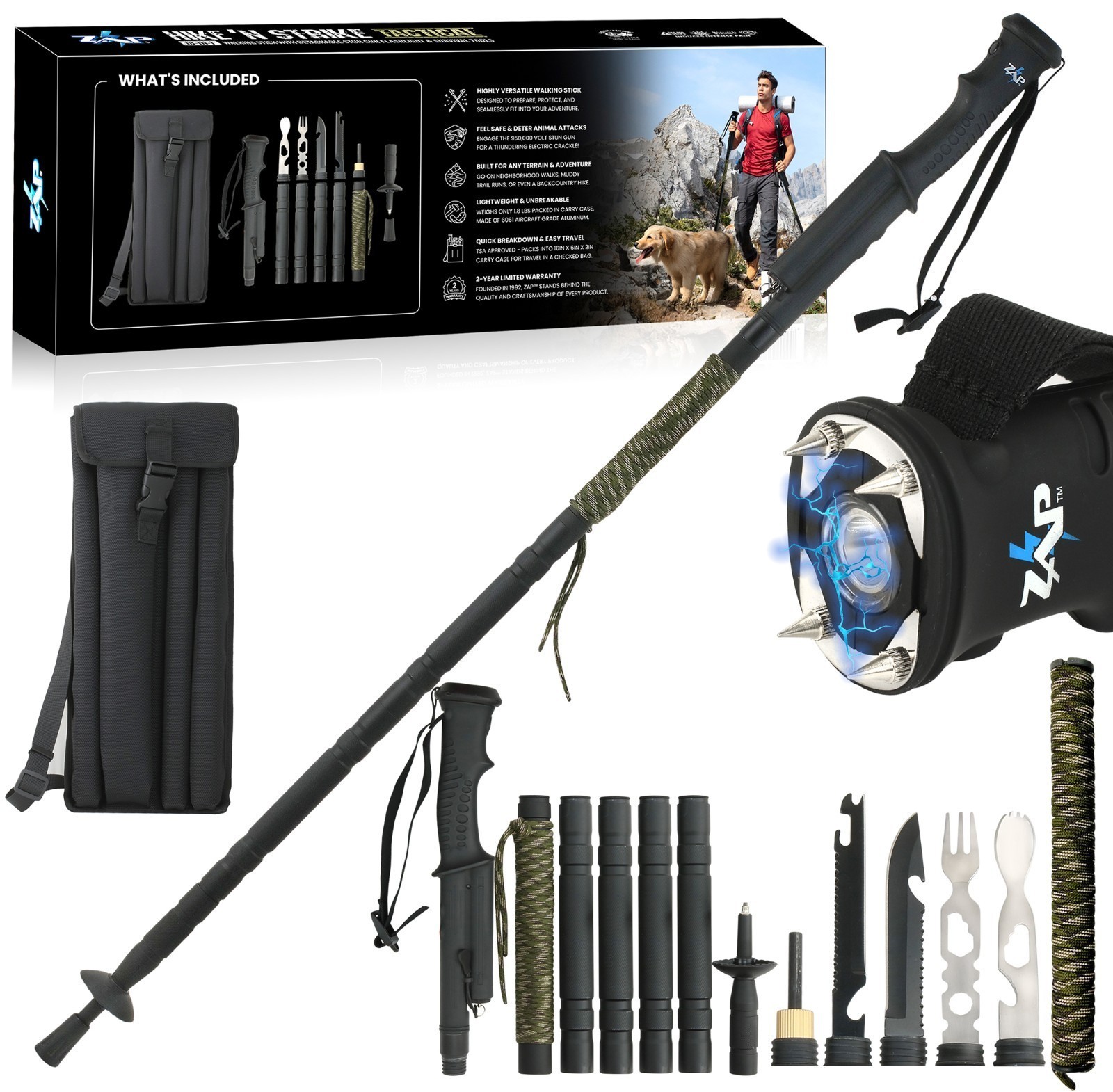 ZAP Hike ‘n Strike Tactical Walking/hiking Stick/18 in 1 Multi Tools_stun & More