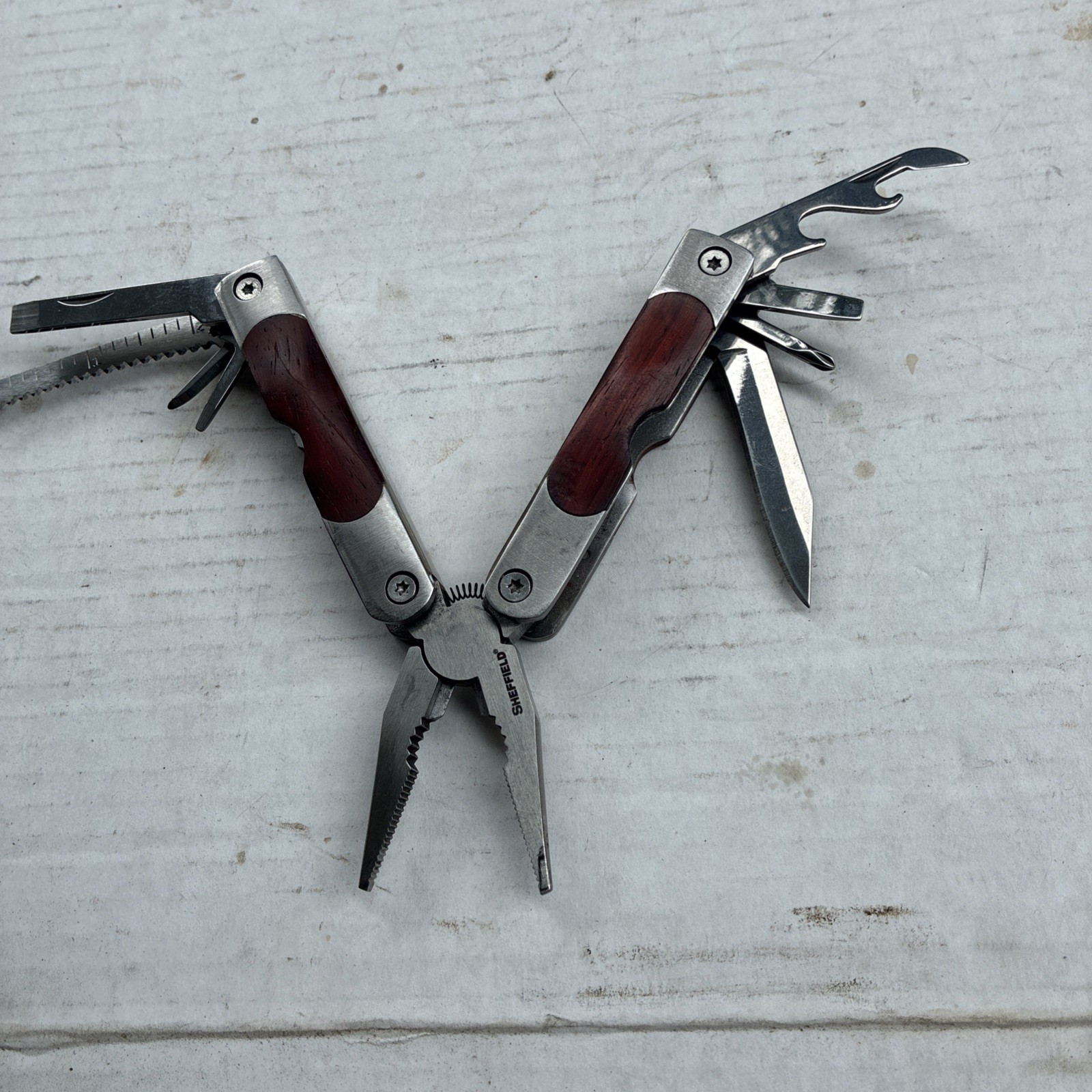 Sheffield Stainless Multi Tool Pliers File Knife Phillips Flathead Opener +read