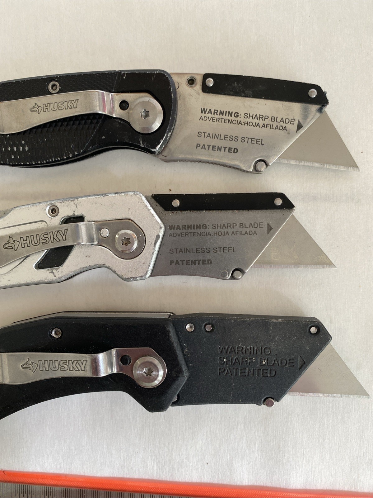 Lot Of 3 Husky Black Folding Lockback Pocket Utility Knife Set, Box Cutter Tool