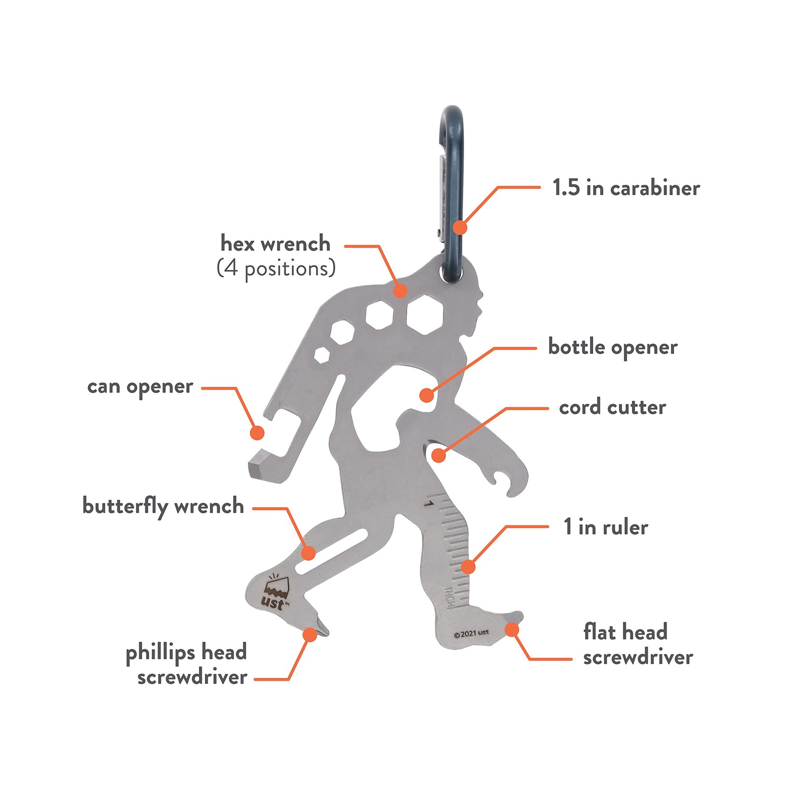 Sasquatch Pocket Multi Tool with Carabiner Stainless Steel 8 in 1 Travel Safe