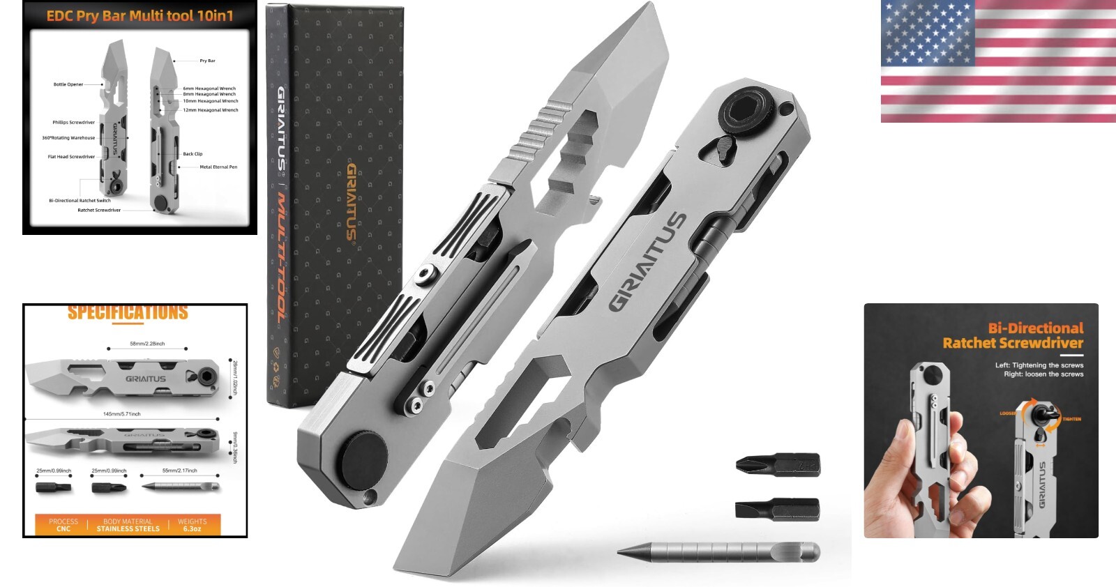 EDC Stainless Steel Pry Bar Multitool with Ratchet Screwdriver & Pen – Grey