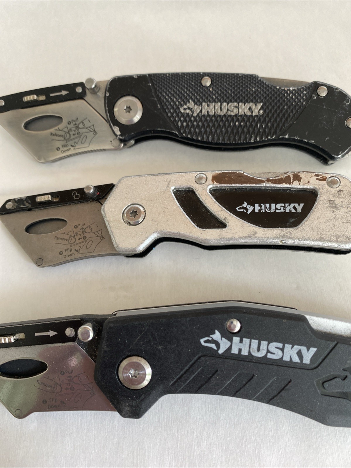 Lot Of 3 Husky Black Folding Lockback Pocket Utility Knife Set, Box Cutter Tool