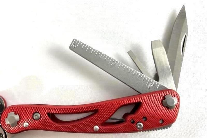 Red Stainless Steel 8-Tool Multitool with Screwdriver Bit Set & Carry Case