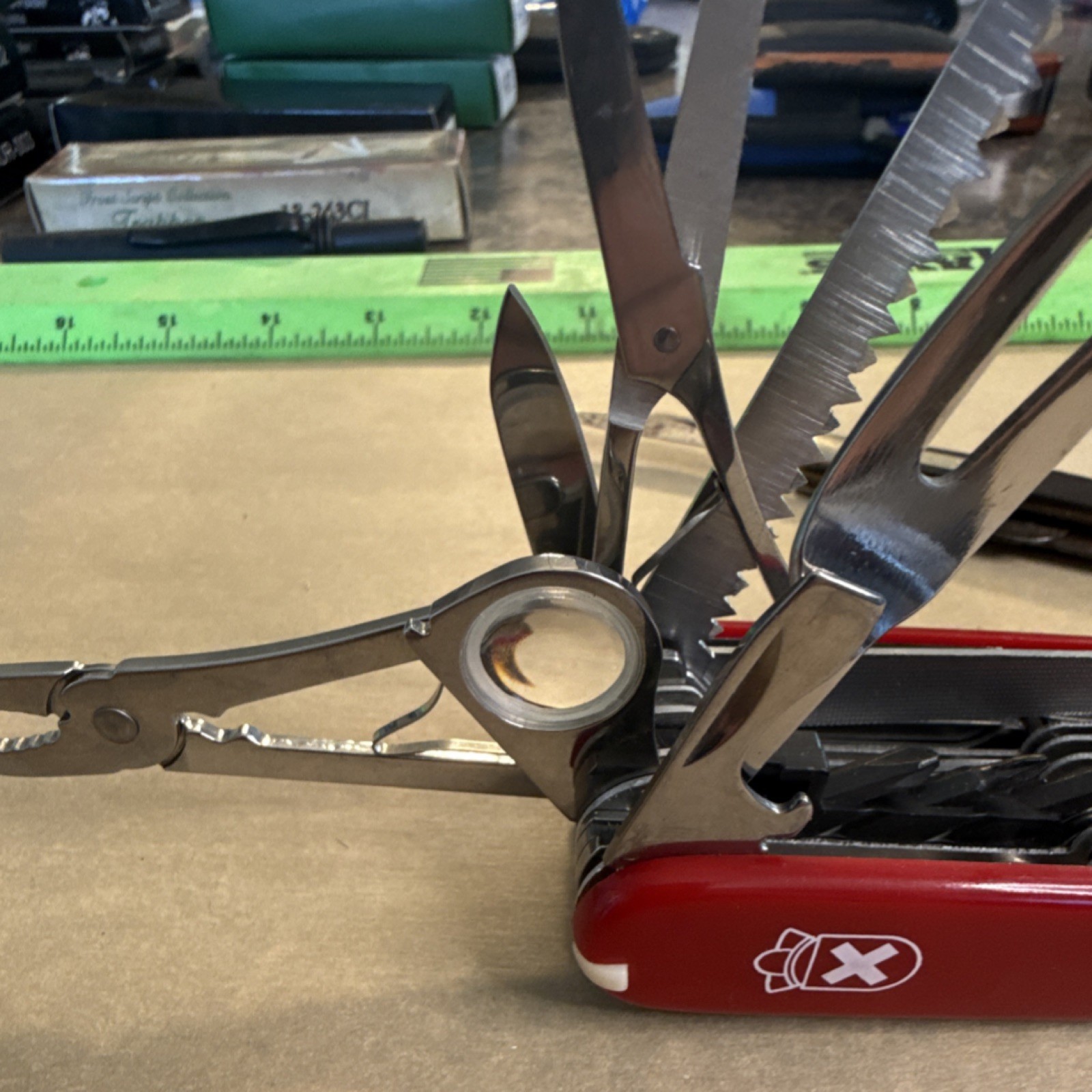 Red Stainless Steel Multi-Tool Knife 15+ Functions Ergonomic Handle Corkscrew