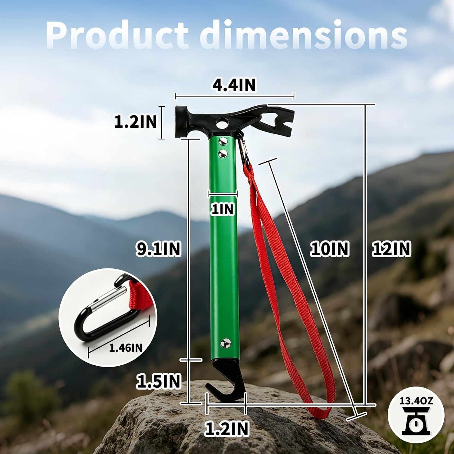 Three-in-One Tent Stake Hammer – Ergonomic Carbon Steel Design, 12″ Green