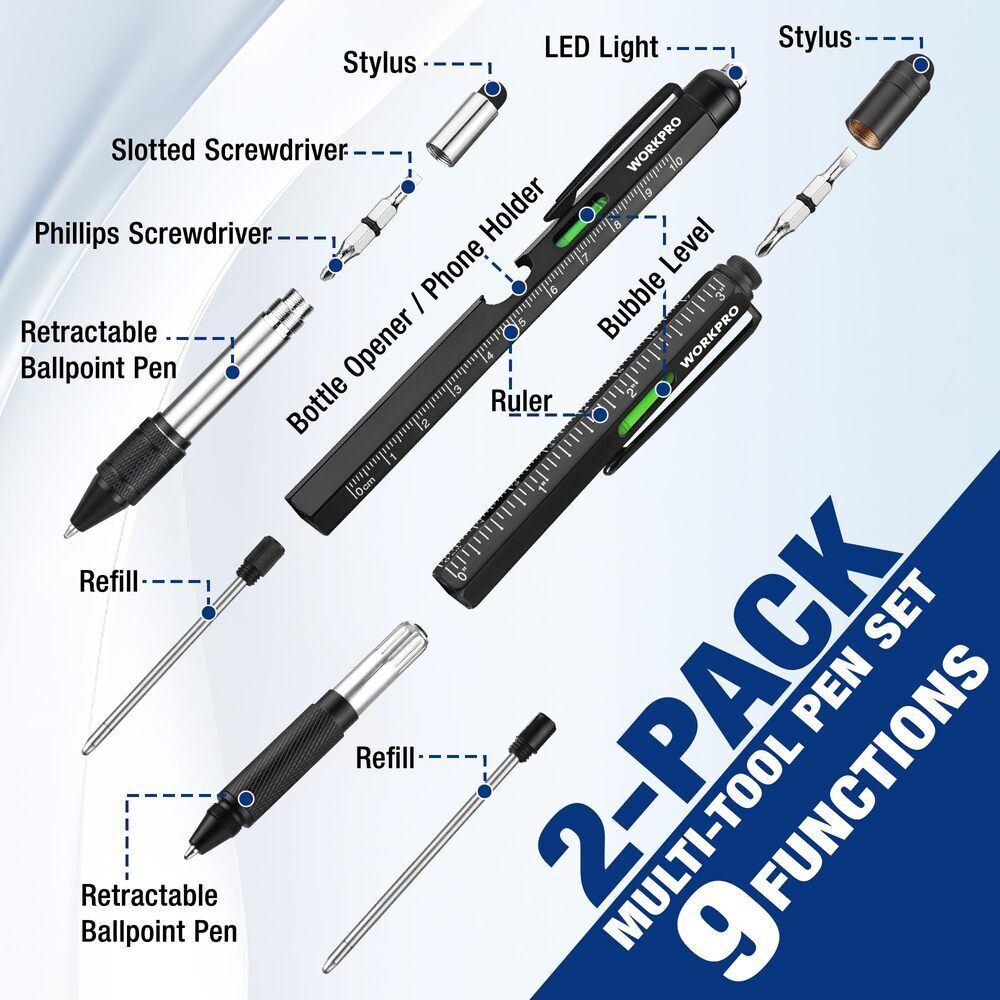 WORKPRO 2-Pack Upgraded Multi-Tool Pens 9 Functions Multi-tool Pen Set Daily Use