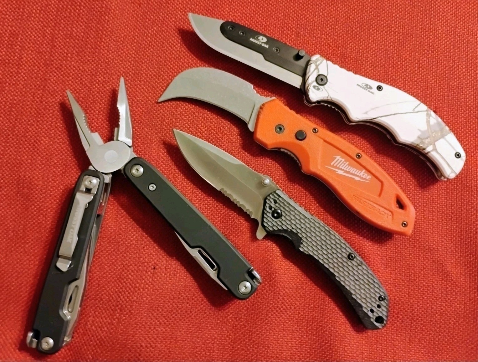 Mossy Oak multitool & razor, Milwaukee & Unbranded tactical knife 4pc lot VG